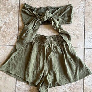 Malibu Bum Bondi Crop Bandeau Top with Matching Sage Green Flowy Shorts S